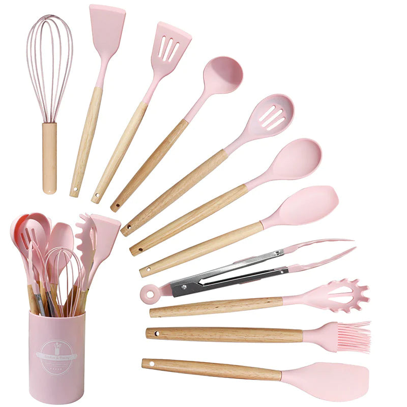Silicone Kitchen Utensil Set with Wooden Handles (11 Pcs)