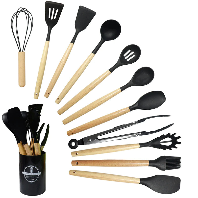 Silicone Kitchen Utensil Set with Wooden Handles (11 Pcs)