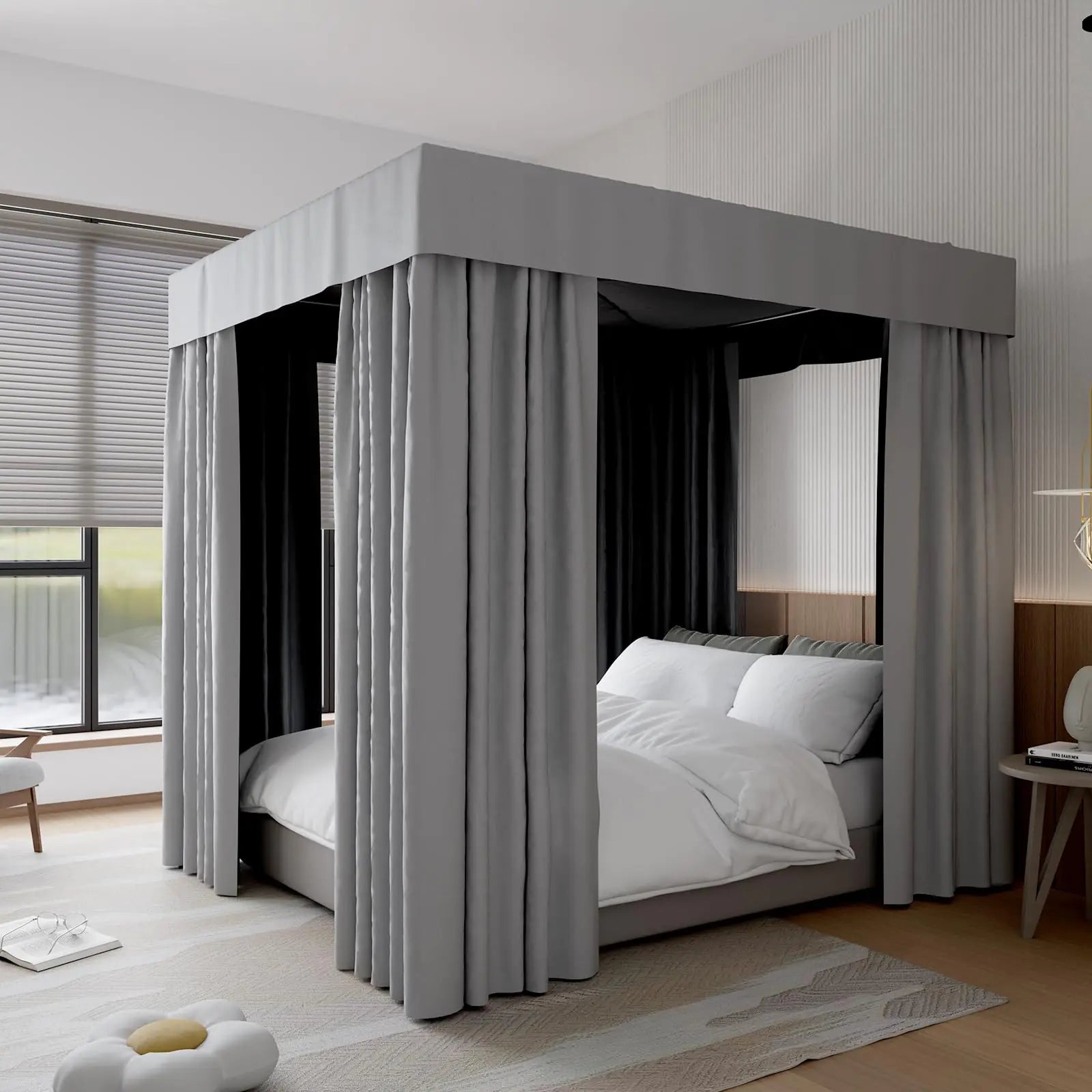 Hvqic Grey Canopy Bed Curtains - 4 Corner Post Bed Curtains Twin Bed Curtains Lightproof Drapes Bed Canopy for Adults & Girls Bedroom Decoration(TwinGrey)