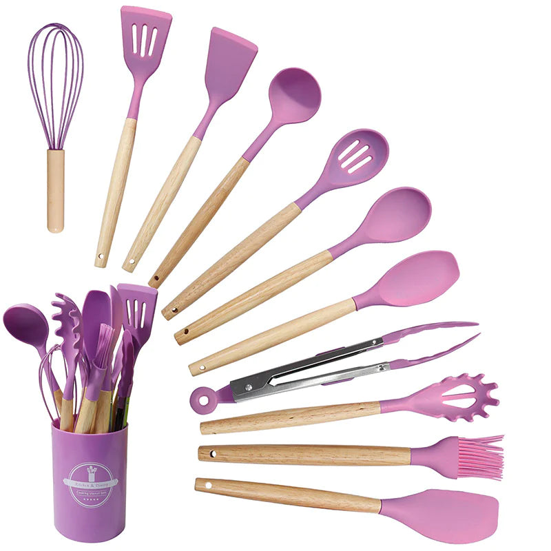 Silicone Kitchen Utensil Set with Wooden Handles (11 Pcs)
