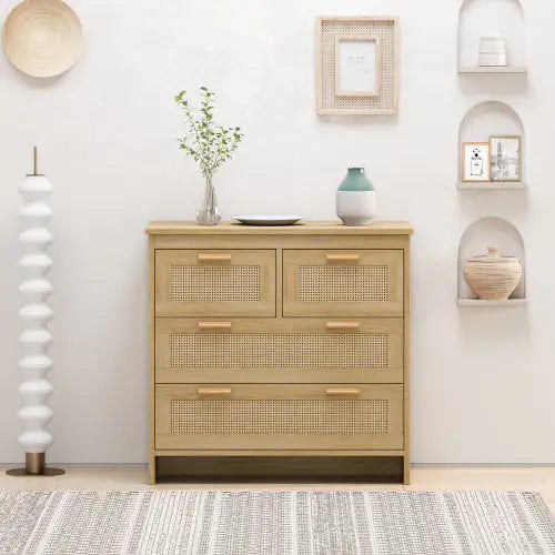 4 Drawer Rattan Cabinet, Suitable For Bedroom, Living Room, Dining Room, Hallway, Easy To Assemble