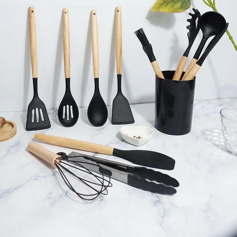 Silicone Kitchen Utensil Set with Wooden Handles (11 Pcs)