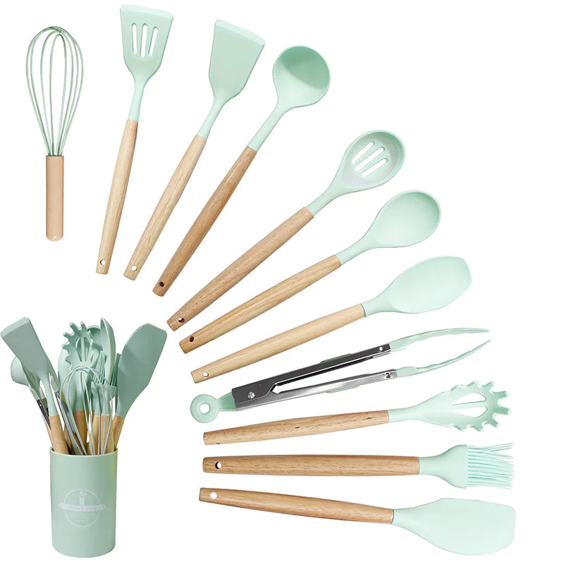 Silicone Kitchen Utensil Set with Wooden Handles (11 Pcs)