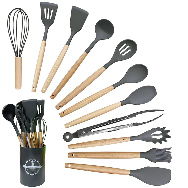 Silicone Kitchen Utensil Set with Wooden Handles (11 Pcs)