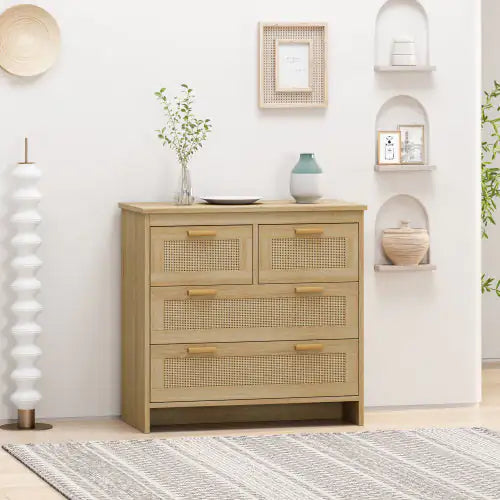 4 Drawer Rattan Cabinet, Suitable For Bedroom, Living Room, Dining Room, Hallway, Easy To Assemble