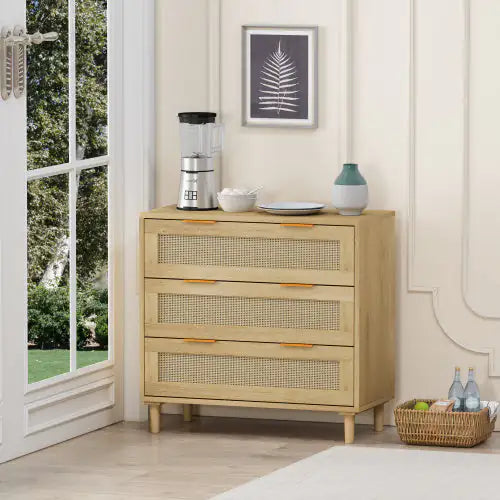 3 Drawers Rattan Storage Cabinet Rattan Drawers, Suitable For Bedroom, Living Room, Dining Room, Hallway