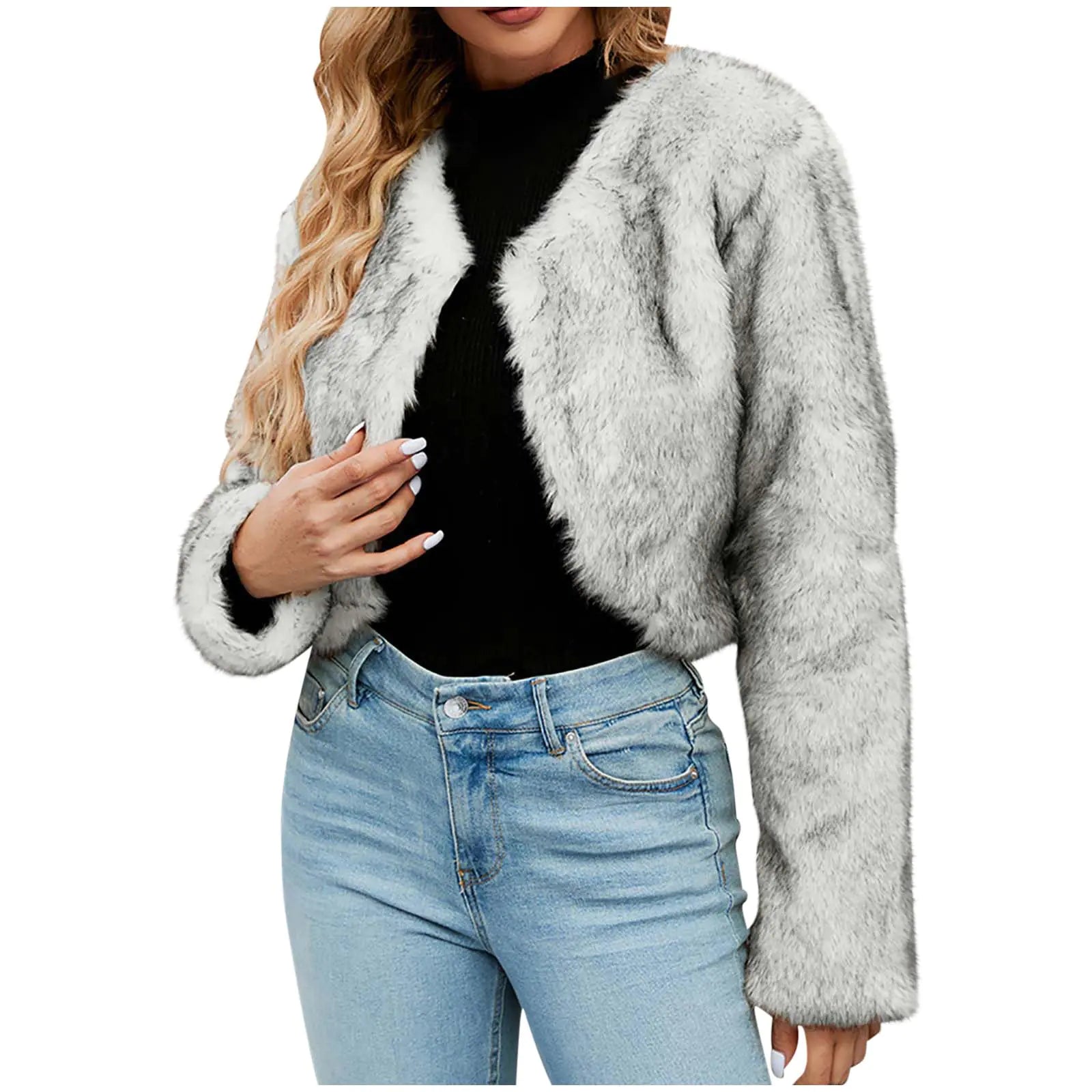 cllios Winter Jackets for Women Faux Fur Cropped Coat Open Front Long Sleeve Cardigan Fuzzy Fleece Jacket Thick Warm Jacket Fashion Outerwear Abrigos De Mujer Invierno En Oferta