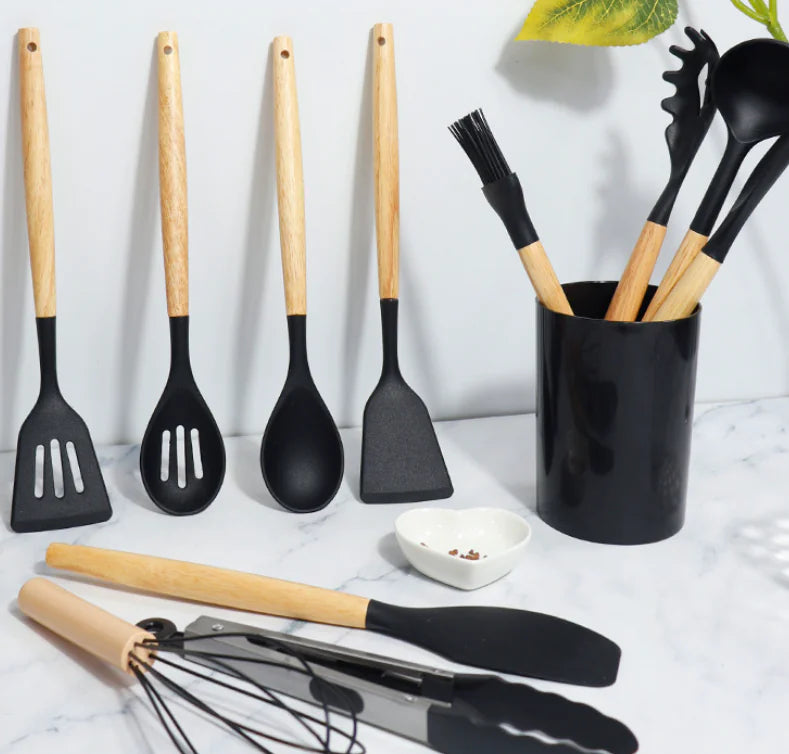 Silicone Kitchen Utensil Set with Wooden Handles (11 Pcs)