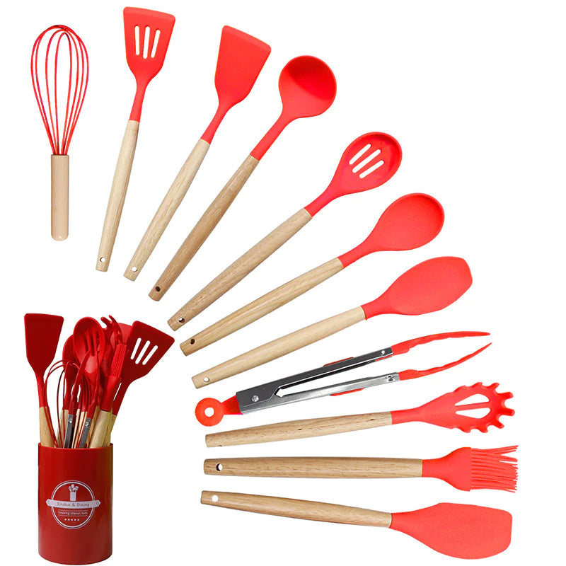 Silicone Kitchen Utensil Set with Wooden Handles (11 Pcs)