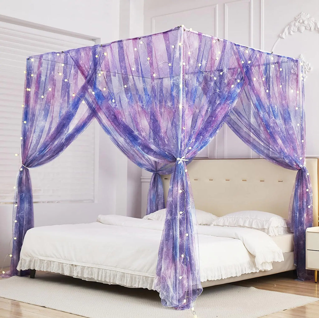 Mengersi Tie Dye Canopy Bed Curtains with LightsGradient Ombre Bed Canopy for GirlsCanopy for Bed Princess Bed Drapes for Girls Room Decor(QueenPurple)